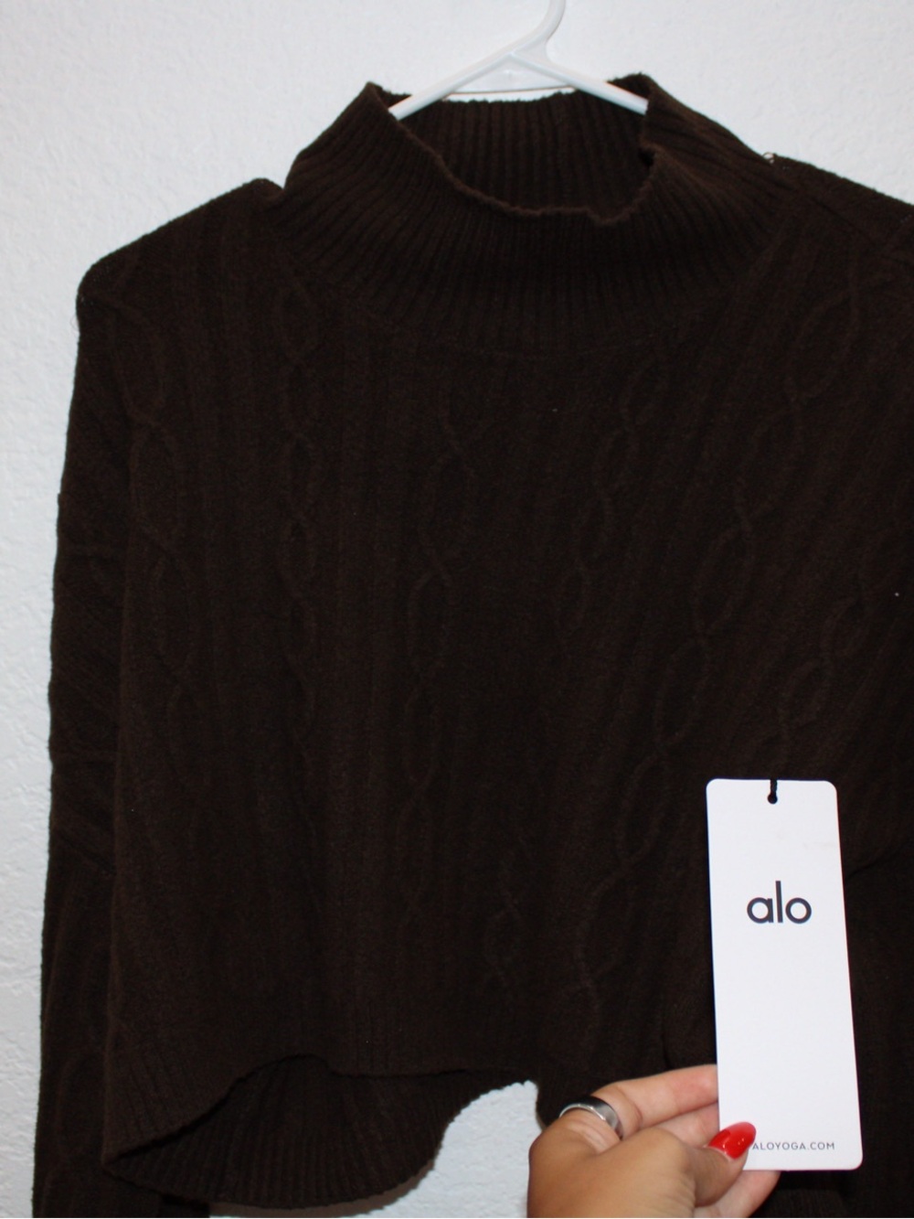 Alo Women's Brown Cable-Knit Mock Neck Sweater